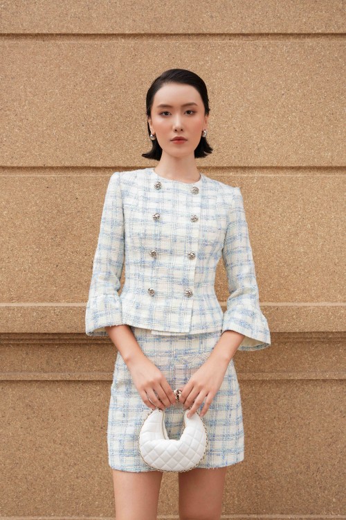 Sixdo Cream Long Sleeves Tweed Vest